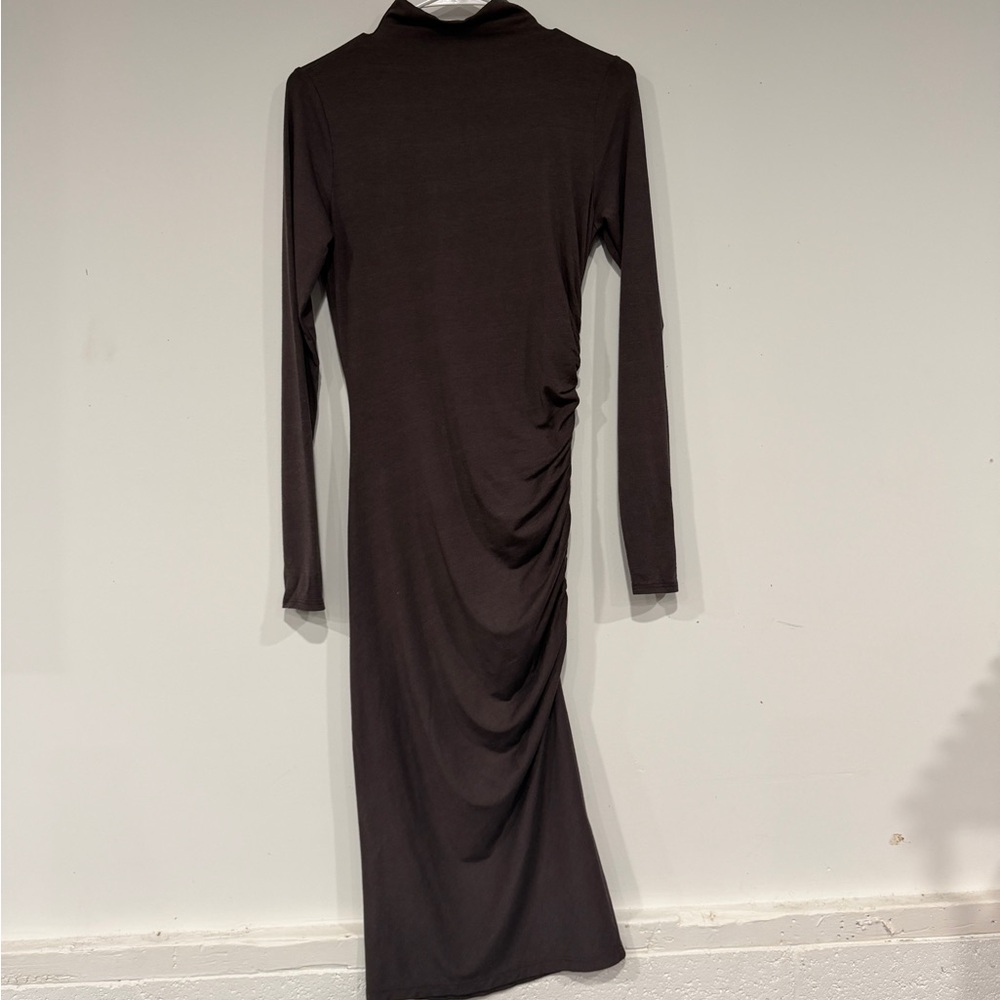 Michael Stars Mock neck Long Sleeve Ruched Dark Brown Midi Dress